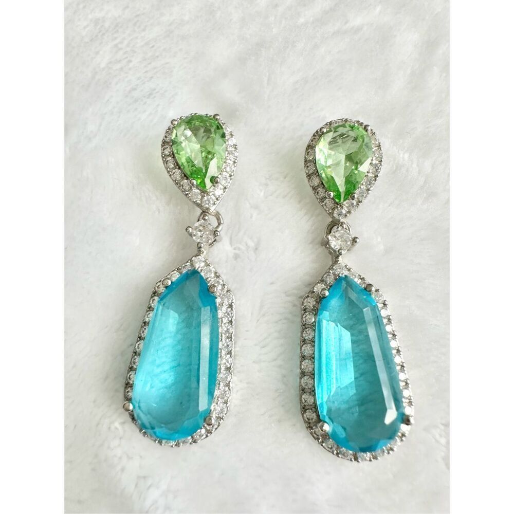 Bright blue and lime green cubic zirconia dangle earrings ￼